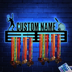 Custom Name Tennis Medal Hanger with Led Light, Medal Holder Display Rack for Awards and Ribbons, Tiered Award Rack, Sports Medal Hanger