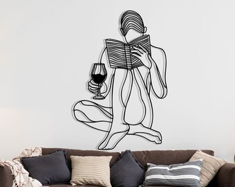 Minimalist Woman Reading Metal Wall Art, Line Art Decor