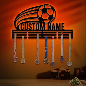 Custom Name Soccer Medal Hanger with Led Light, Medal Holder Display Rack for Awards and Ribbons, Tiered Award Rack, Soccer Team Gift Decor