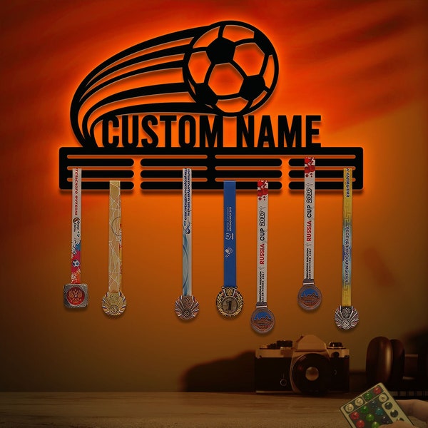 Custom Name Soccer Medal Hanger with Led Light, Medal Holder Display Rack for Awards and Ribbons, Tiered Award Rack, Soccer Team Gift Decor