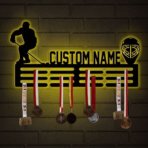 Custom Name Hockey Medal Hanger with Led Light, Medal Holder Display Rack for Awards and Ribbons, Tiered Award Rack, Hockey Team Gift