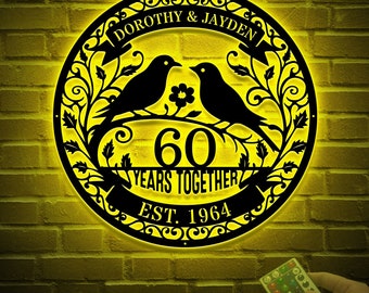 Custom 60th Anniversary Metal Sign with LED Light, Personalized Diamond Wedding Gift