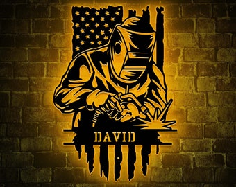 Custom Welder Metal Sign with LED Light, American Flag Decor