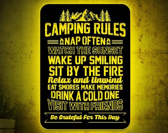 Metal Camping Rules Sign with Led Light, Camping Family Gift, Camper Decor Camping Gifts, Campsite Sign Lodge Cabin Sign, Camping Home Decor