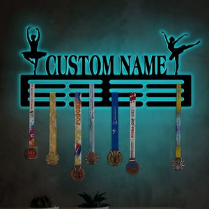 Custom Name Ballet Medal Holder with Led Light, Sports Medal Hanger Display Rack for Awards Ribbons, Tiered Award Rack, Ballerina Dancing