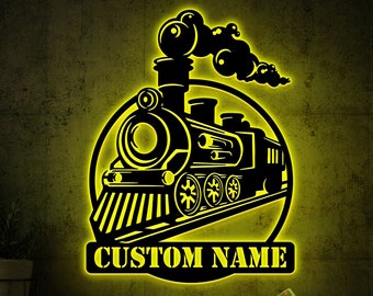 Custom Steam Engine Train Metal Sign with LED Light, Railroad Wall Decor