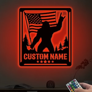 Custom Bigfoot US Flag Metal Sign Led Light, Sasquatch Wall Art, Bigfoot Home Decor, Birthday Gift Christmas Gift, Bigfoot Rock On Name Sign