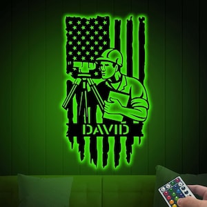 US Surveyor Metal Sign Led Light, Land Surveyor Gift Home Office Decor, Father's Day Gift for Dad, Xmas Birthday Gift for Surveyor Engineer