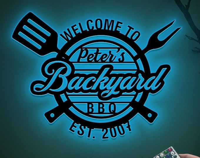 Personalized Backyard BBQ Metal Sign with Led Lights, BBQ Grill Metal Wall Decor, Dad Gifts, Barbecue Sign Outdoor Decor, Welcome Sign