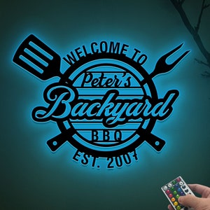 Personalized Backyard BBQ Metal Sign with Led Lights, BBQ Grill Metal Wall Decor, Dad Gifts, Barbecue Sign Outdoor Decor, Welcome Sign