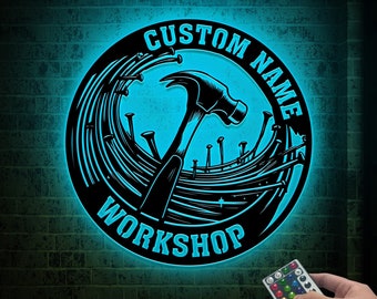 Custom Workshop Metal Wall Art LED Light, Handyman Decor