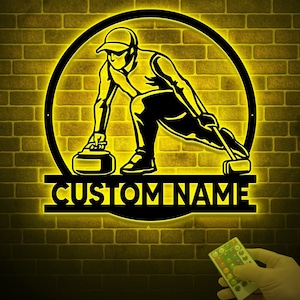Curling Sport Metal Wall Art with Led Light, Curling Home Decor Curling Gifts, Metal Sports Sign, Christmas Birthday Gift for Curling Player