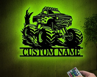 Custom Monster Truck Metal Sign with LED Light, Personalized Name Sign