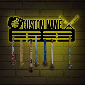 Custom Name Baseball Medal Hanger with Led Light, Medal Holder Display Rack for Awards and Ribbons, Tiered Award Rack, Sports Medal Hanger