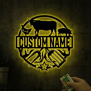 Custom BBQ Grill Metal Wall Art with Led Light, Chicken Cow Pig Barbecue Sign, Grill Gift for Dad, Backyard Bar & Grill, Kitchen Wall Decor