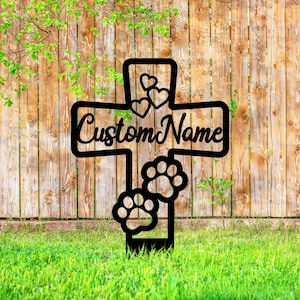 Custom Pet Paw Print Memorial Cross Stake Metal, Loss of Dog or Cat, Cross with Hearts, Grave Marker Cemetery Stake, in Memory of Gifts