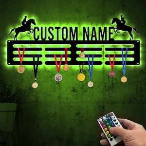 Custom Name Equestrian Medal Hanger with Led Light, Sports Medal Holder Display Rack for Awards and Ribbons, Tiered Award Rack, Horse Riding