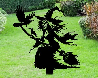 Witch on Broomstick Metal Garden Stake, Halloween Outdoor Decor