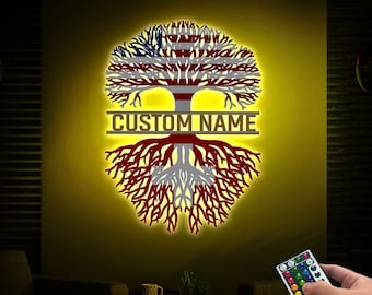 Letrero metálico del Árbol de la Vida Americano Suizo con LED y nombre familiar personalizado