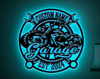 Personalized Motorcycle Garage LED Sign, Stainless Steel, Man Cave Decor