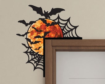 Halloween Door Corner Wooden Sign, Spider Web Moon and Bats Corner Decor, Fireplace Decor, Halloween Gift for Family, Spooky Gift