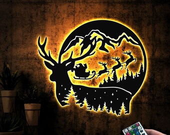 Reindeer Christmas Metal Wall Art With Led Lights, Reindeers With Santa Claus Sign, Winter Deer Sign, Wild Life Theme, Christmas Decor