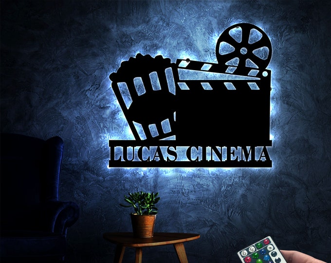 Personalized Movie Metal Wall Art With Led Light, Movie Lover Gift, Custom Movie Room Sign, Film and Popcorn, Private Cinema Room Sign