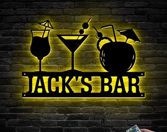 Personalized Bar Sign, Custom Bar Metal Wall Art, Led Lights Drink Sign Custom Family Name Sign, Bar Decor Beer Lover Gift Father's Day Gift