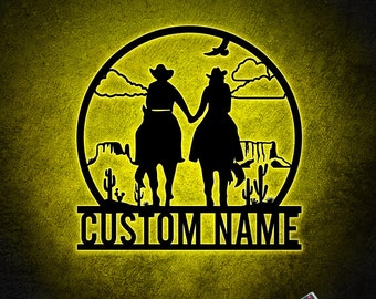 Personalized Cowboy And Cowgirl Couple Sign, Couple Metal Wall Art With Lights, Custom Gift For Couple, Anniversary Gift, Birthday Gift
