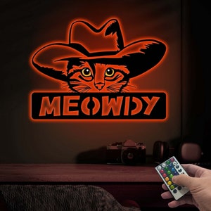 Cowboy Cat Metal Wall Art with Led Light, Meowdy Sign Funny Gift, Western Home Decor, Cat Howdy Texas Cat Gift, Cat Lover Gift, Cowboy Hat