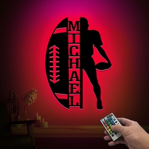 Football Player Metal Wall Art Led Light, Football Name Sign, Xmas Birthday Gift for Son, Football Room Decor for Boys, Sport Home Decor