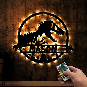 Personalized T-Rex Metal Wall Art, LED Dinosaur Sign