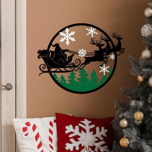 Christmas Metal Wall Sign Printed, Santa Riding a Sleigh Wall Art, Christmas Door Hanger, Holiday Wall Decor, Santa with Reindeers Decor