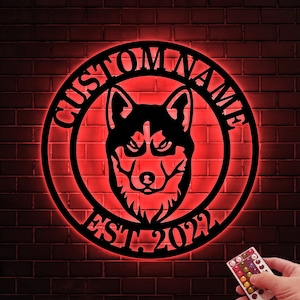 Custom Husky Sign Metal Wall with Led Light, Siberian Husky Lover Gift, Siberian Husky Art, Metal Dog Sign, Husky Address Sign, Dog Owner