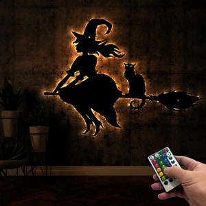 Halloween Flying Witch Metal Wall Art With Lights, Witch With Scary Cat Sign, Haunted House Decoration, Halloween Night Light, Witch Is Here
