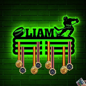 Custom Hockey Medal Holder Led Light, Father&#39;s Day Gift, Hockey Medal Display Rack for Awards Ribbons, Kids Medal Hanger, Sports Medal Rack