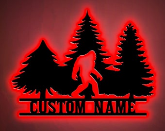 Custom Bigfoot Metal Wall Art Led Light, Bigfoot in Forest, Sasquatch Name Sign, Lodge Cabin Decor, Bigfoot Welcome Sign, Xmas Birthday Gift