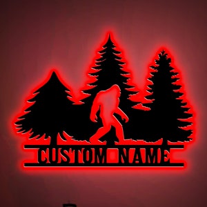Custom Bigfoot Metal Wall Art Led Light, Bigfoot in Forest, Sasquatch Name Sign, Lodge Cabin Decor, Bigfoot Welcome Sign, Xmas Birthday Gift