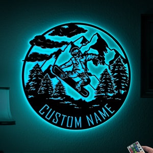 Custom Snowboard Metal Wall Art with Led Lights, Snowboarder Mountain Decor, Birthday Christmas Gift for Son, Winter Sport Man Cave Decor