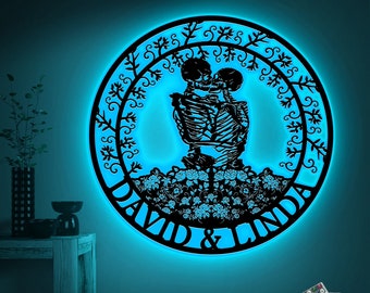 Custom Skeleton Couple Kissing LED Metal Sign, Gothic Wedding Gift