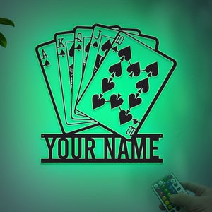 Personalized Poker Metal Wall Art With Lights, Gift For Poker Lover, Poker Game Room Decor, Gamer Gift Custom Monogram Sign Royal Flush Sign