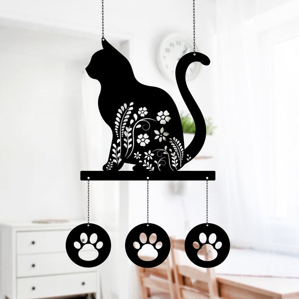 Floral Cat Metal Wind Chime, Pet Cat Wind Chime, Cat Lover Gift, Outdoor Garden Decor, Cat with Paw Prints, Cat Mom Gift, Porch Decor