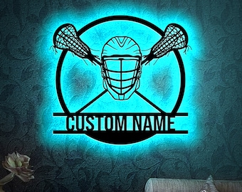 Custom Lacrosse Sign Metal Wall Art Led Light, Lacrosse Sticks and Helmet, Lacrosse Player Gift Xmas Birthday Gift, Lacrosse Home Decor