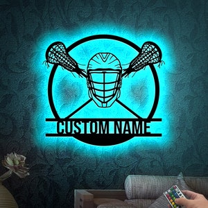 Custom Lacrosse Sign Metal Wall Art Led Light, Lacrosse Sticks and Helmet, Lacrosse Player Gift Xmas Birthday Gift, Lacrosse Home Decor