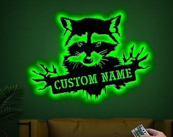 Custom Raccoon Metal Sign, LED Light, Woodland Nursery Decor