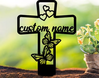 Custom Butterfly Memorial Cross Stake Metal, Cross with Hearts, Butterfly Garden Stakes, Grave Marker, Mother's Day Gift, in Memory of Gifts