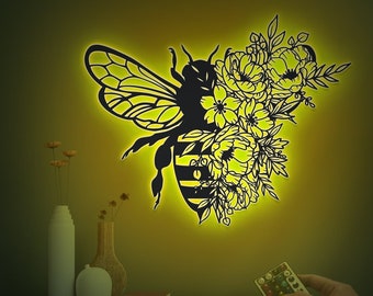 Led Lights Floral Bee Metal Wall Art, Beekeeper Gift, Bee With Floral Wing, Bee and Flowers, Garden Decor, Outside Hanging, Bee Lover Gifts