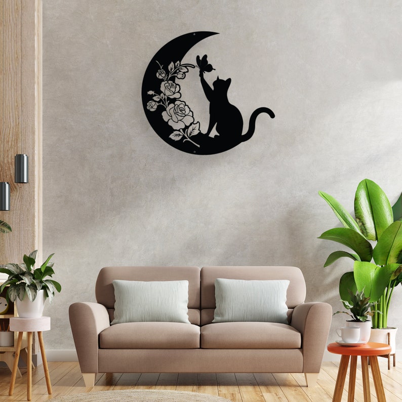 Cat and Moon Metal Wall Art Cat Wall Decor Cat on Moon Cat | Etsy