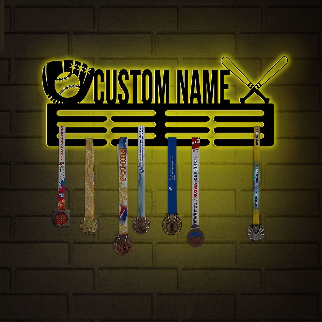 Custom Name Baseball Medal Hanger With Led Light, Medal Holder Display