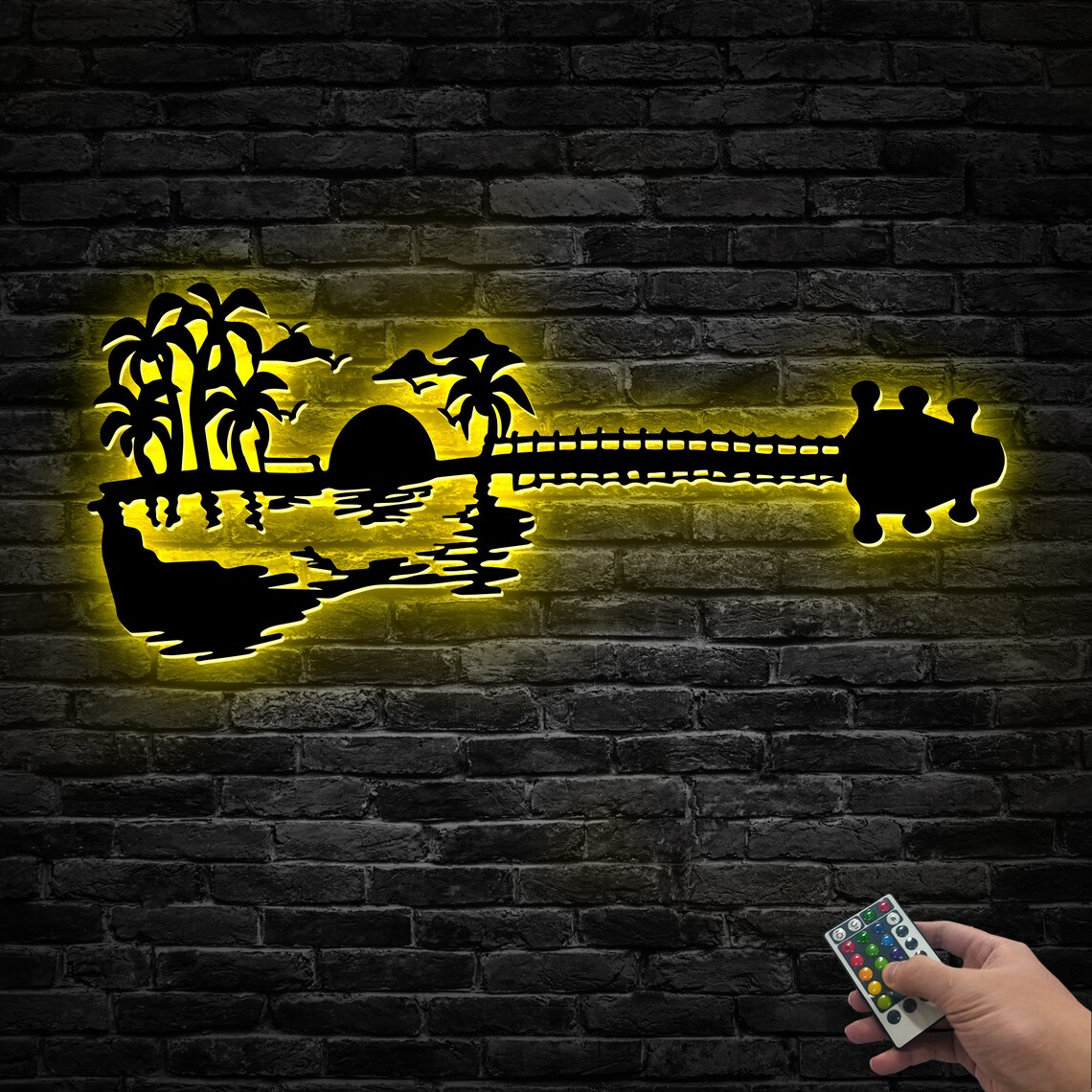 Guitar Beach Metal Wall Art With Lights Palm Tree Guitar Etsy